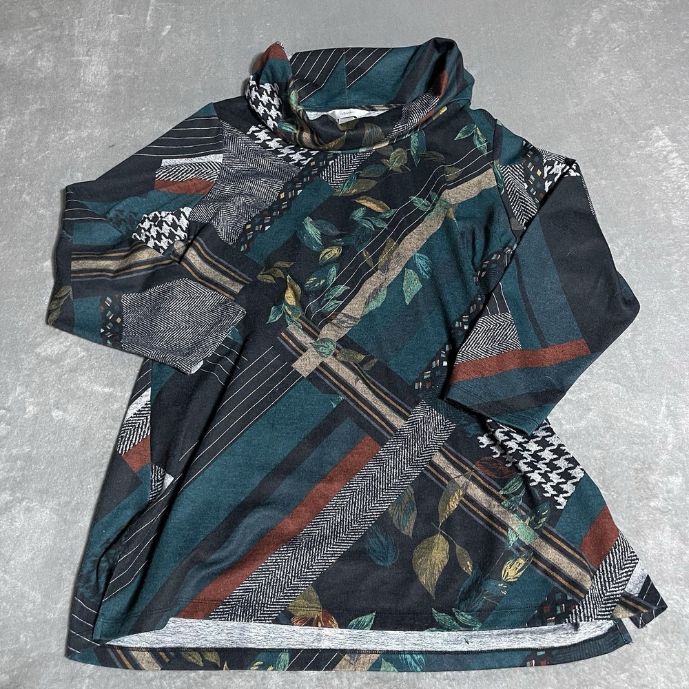 CJ Banks Top Womens 1X Patchwork Cowl Neck Tunic Lagenlook Artsy Mixed‎ Media